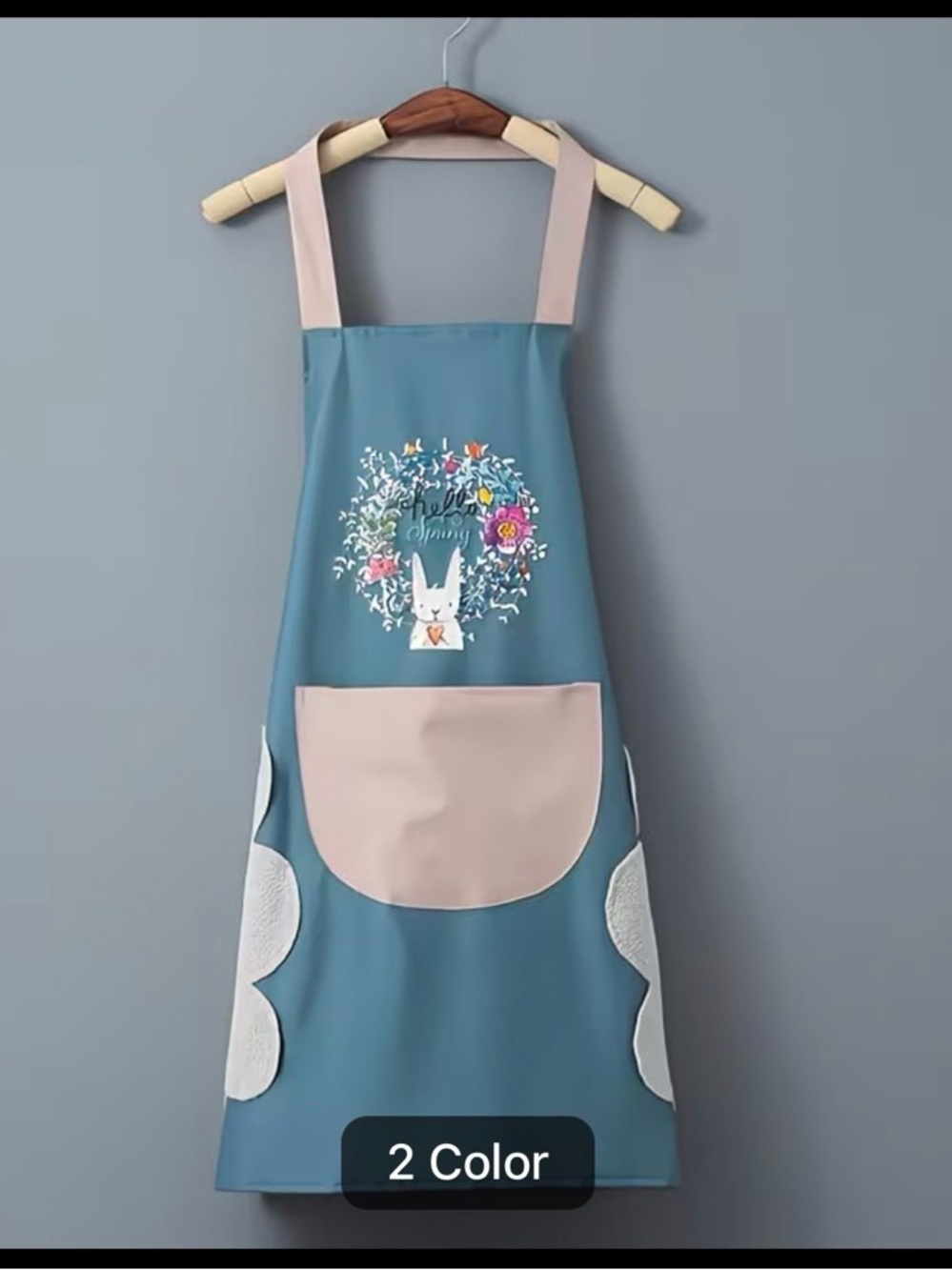 Floral Bunny Blue Vinyl-Durable Plastic Apron with Pink Pocket